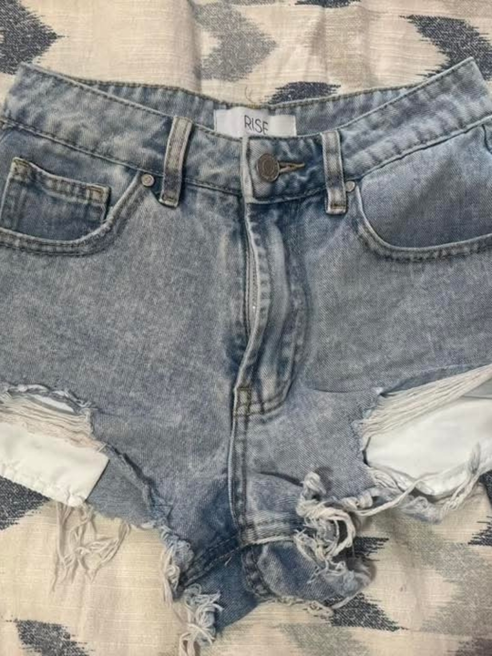 RISE Light Blue Distressed High-Rise Denim Shorts